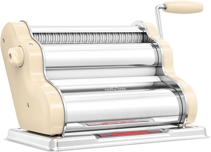 PASTALINDA Classic 260 Pasta Maker Machine, 26 cm Wide Rollers, 9 Thickness Positions, 2 Cutting Positions, Stainless Steel. Includes Reinforced Hand Crank And Two Clamps (Cream)