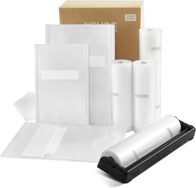 Wevac Family Pack Vacuum Sealer Bags Rolls with Dispenser – 6"x10" (50pcs), 8"x12" (70pcs), 8"x20' & 11"x20' Rolls, Heavy Duty, Leakproof, Ideal for Sous Vide, Meal Prep, Food Saver