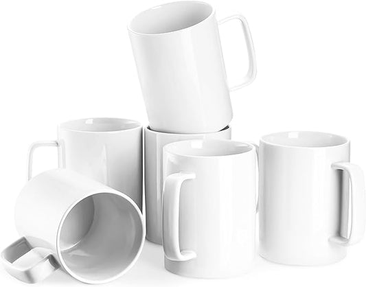Jassceram Coffee Mugs Set of 6, 18 Ounce Porcelain Mugs for Latte, Hot Tea, Cappuccino, Cocoa and Milk, Ceramic Coffee Cups with Large Handle - Dishwasher & Microwave Safe, White