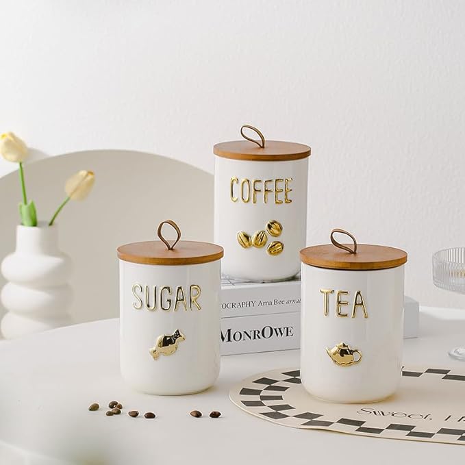 Comeon Ceramic Canister Set with Airtight Seal Bamboo Lid Silicone, 27oz Food Storage Jars for Coffee Sugar Tea, Container Set for Kitchen Pantry Counter Decor (Three Piece)