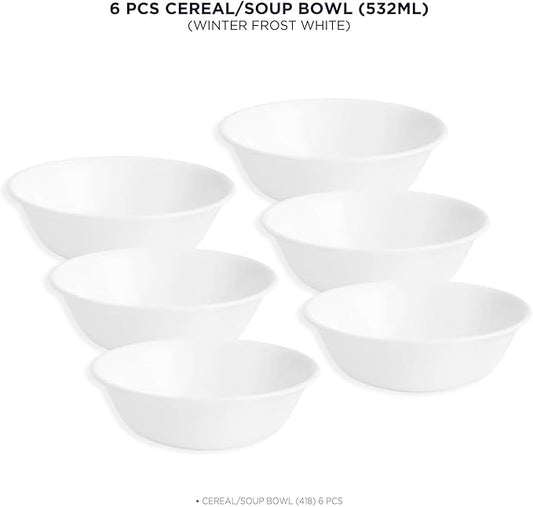 Corelle Vitrelle 6-Piece Soup/Cereal Bowl Set Triple Layer Glass and Chip Resistant, 18-Oz Lightweight Round Bowls, Winter Frost White