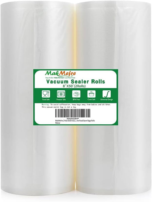 MakMeFre 2 Pack 8x50 Vacuum Sealer Bags Rolls for Food,Commercial Grade, BPA Free,Puncture Prevention,Great for Sous Vide Cooking