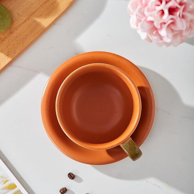 Vintage Design 12 oz Ceramic Latte Art Cappuccino Barista Cup with Saucer (Pumpkin Orange)