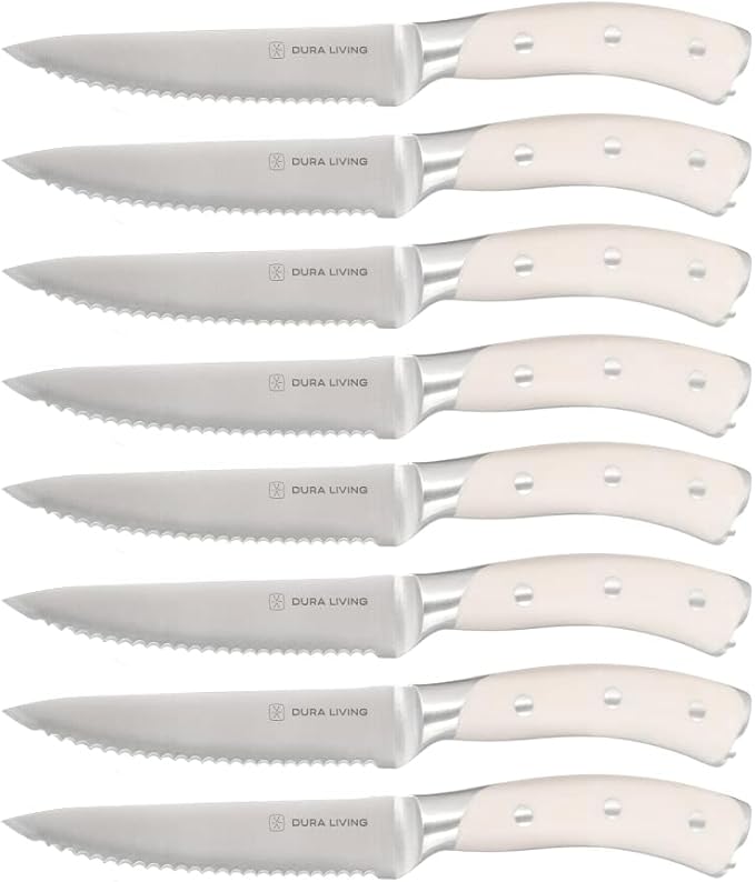 8-Piece Serrated Kitchen Steak Knife Set – Forged High Carbon Stainless Steel, Ultra Sharp, Ergonomic Black Handles, Durable Dinner Knives, Cream Handle