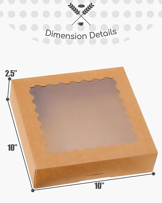 qiqee Auto-pop Up Brown Pie Boxes with Window 10x10x2.5 inch 20Packs Cookie Donut Bakery Box