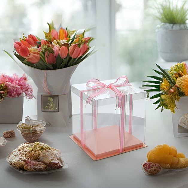 XININSUN pink clear cake box with ribbon,12x12x10inch tall cake boxes for tiered cake, transparent cake carrier, cake containers clear gift box for wedding, birthday, party(6pcs)