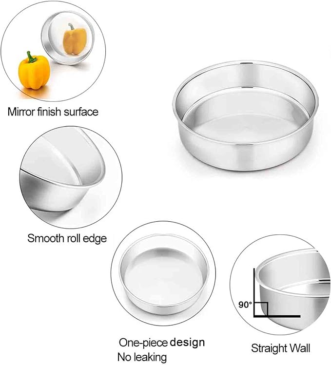 TeamFar Cake Pan Set of 2, 8 Inch Cake Pan Round Tier Tins Set Stainless Steel, Healthy & Heavy Duty, Mirror Finish & Easy Clean, Dishwasher Safe
