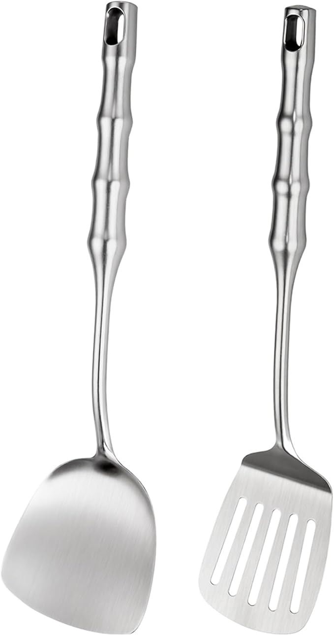 Stainless Steel Cooking Utensils Set Kitchen Tools Set, 2pcs Metal Utensils for Cooking, 14 inch Long Wok Utensils Set