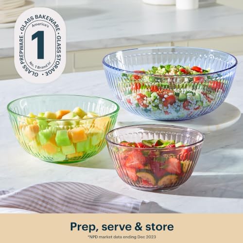 Pyrex Colors Tinted (3-Pack) Sculpted Tinted Unlidded Small/Medium/Large Glass Mixing Bowls, Nesting Space Saving Set of Bowls For Prepping and Baking, 1.3QT, 2.3QT & 4.5QT