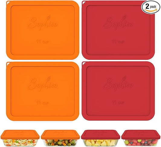 Sophico 11 Cup Rectangle Silicone Storage Cover Lids Replacement for Pyrex 7212-PC Glass Bowls, Container not Included (RED-ORANGE)