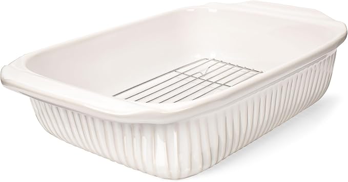 Artena Baking Dish 5.1 Quarts, Casserole Dishes For Oven, Baking Pan With Handles, Lasagna Pan Deep, Large Casserole Dish, Rectangular White Ceramic Bakeware (Baking Dish With Rack)