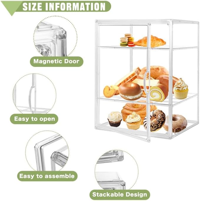 2 PACK Large Clear Bread Box for Kitchen Countertop 4 Layers Acrylic Pastry Display Case Bakery Storage Container with Magnetic Door Bread Keeper for Homemade Cookie Cupcake Muffins Bagel