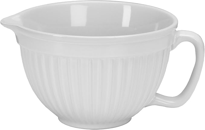 Omniware Simsbury Batter Bowl - 2 Quart Stoneware Mixing Bowl with Handle & Pour Spout - Microwave, Oven, Freezer, Dishwasher Safe - Food Safe Bakeware (White)