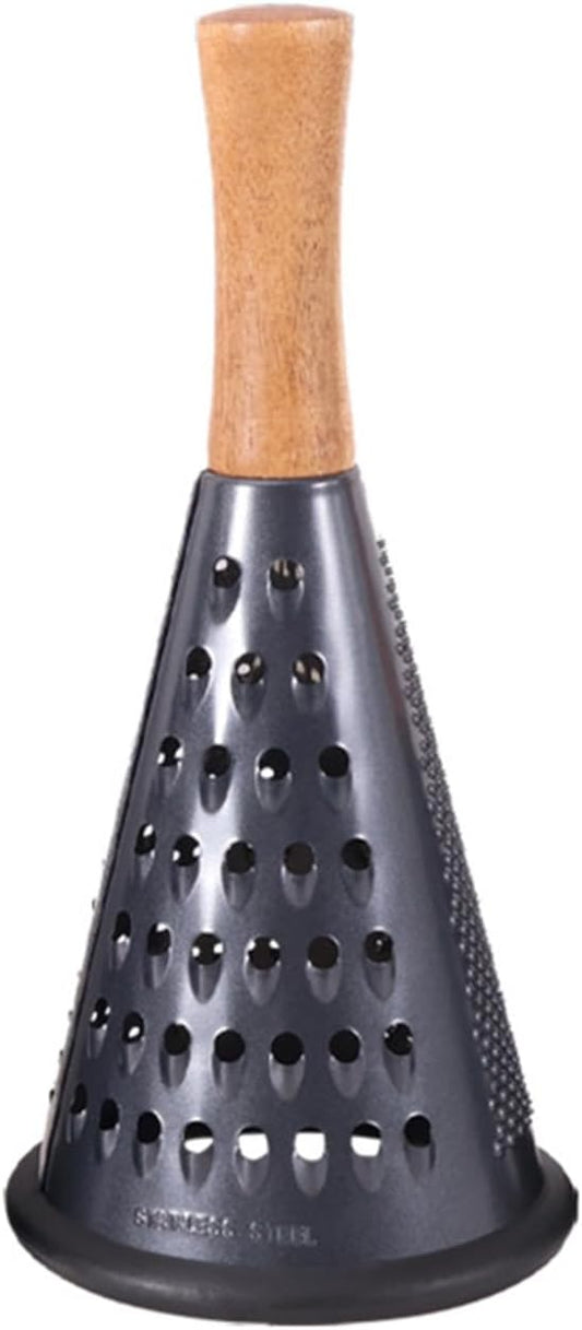 Cone Cheese Grater with Handle Stainless Steel Grater Triple Function Wood Handle Shredder Non-Slip Rubber Bottom Hand Held Multifunction Vegetables Grater Black 4-Size (Size M: 9.4" X 4.3" Black)