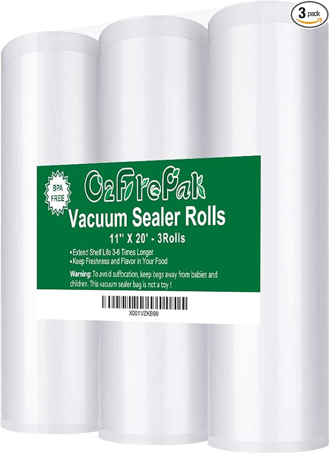 O2frepak 3 Pack 11"x20' Rolls Vacuum Sealer Bags Rolls with BPA Free,Heavy Duty Vacuum Sealer Storage Bags Rolls,Cut to Size Roll,Great for Sous Vide (Total 60 feet)