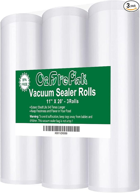 O2frepak 3 Pack 11"x20' Rolls Vacuum Sealer Bags Rolls with BPA Free,Heavy Duty Vacuum Sealer Storage Bags Rolls,Cut to Size Roll,Great for Sous Vide (Total 60 feet)