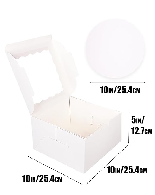 qiqee White 8x8x5 Cake Box, 4 Sets White Cake Box with Window ＆ 4 Sets 8" White Cake Round Boards, 8inch Cake Containers