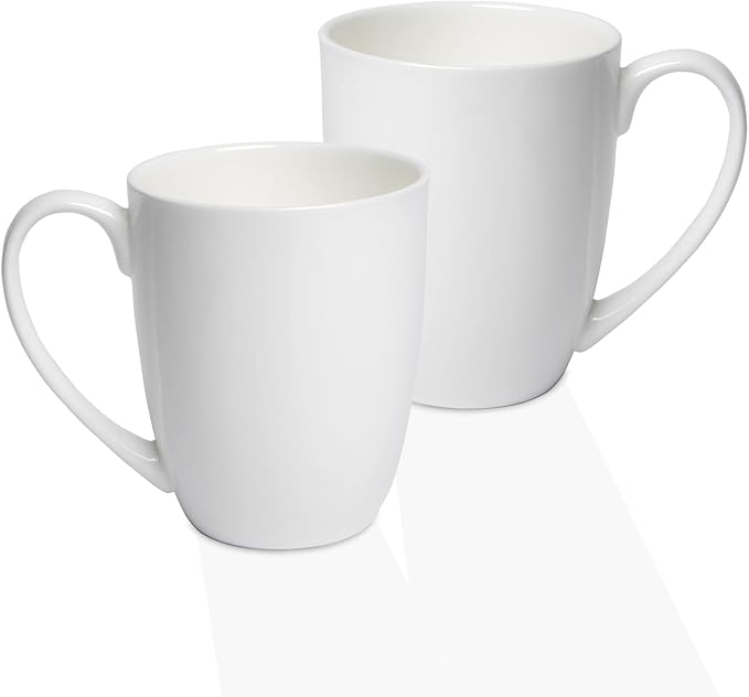 Plain White Fine Bone China Blank Coffee Mugs Set of 2, 11 Oz Tea Cups with Large Handle, Lightweight Ceramic Coffee Mugs, Aesthetic Coffee Cups