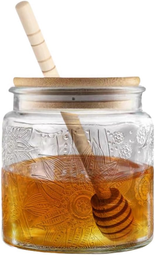 ANSQU Honey Pot, Airtight Glass Honey Jar with Bamboo Lid and Dipper Stick, Honey Container for Storing Honey, Jam Mason Jar for Home Kitchen, 17oz (Sunflower,1 Pack)