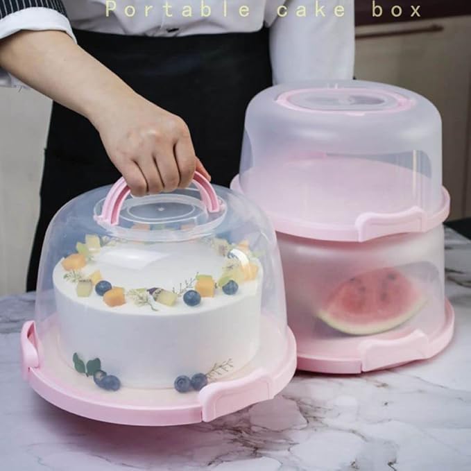 Cake Carrier Round Cake Stand Plus Height Cake Container with Cupcakes Pad, Handle, Lid Reusable Package Box for Transporting Desserts,Pie,Toast,Fruit