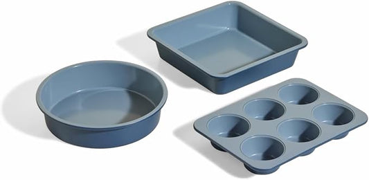 Our Place Wonder Oven Baker’s Kit – 3-Piece Toxin-Free Ceramic Nonstick Bakeware Set (8” Round, 8” Square, 6-Cup Muffin Pan) - Oven-Safe up to 450°F - Blue Salt