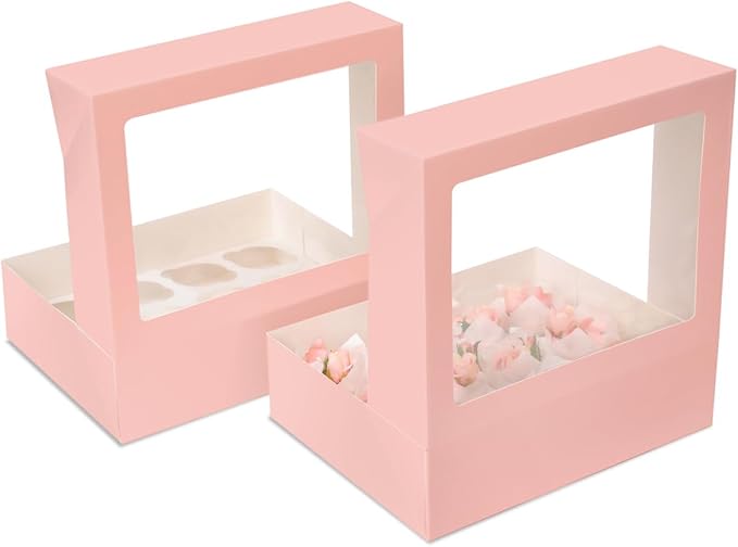 Bakepacker Auto-pop up 12 Cupcake Containers 6-Packs Pink Cupcakes Carrier, 12 Cupcake Boxes with Window 13"x10"x3.5"