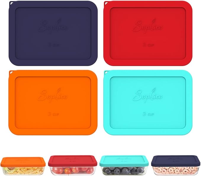 Sophico 3 Cup Rectangle Silicone Storage Cover Lids Replacement for Pyrex 7210-PC Glass Bowls, Container not Included (MIX, 4 Pack)