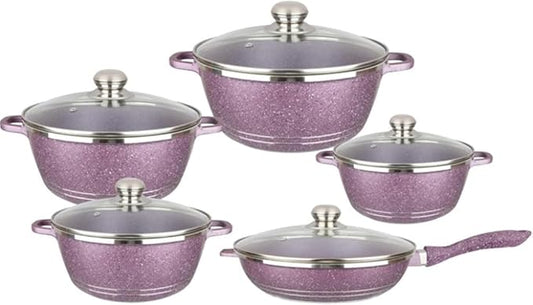 10-Piece Nonstick Cookware Set | Granite and Marble Coated Aluminum Pots and Pans with Glass Lids | Includes Saucepans, Frying Pan, and Stock Pot(Color:Purple)