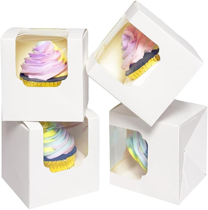 Bakepacker Auto-pop up Cupcake Boxes 30-Packs Individual Cupcake Container White 3.5" x 3.5" x 3.5" Single Cupcake Boxes