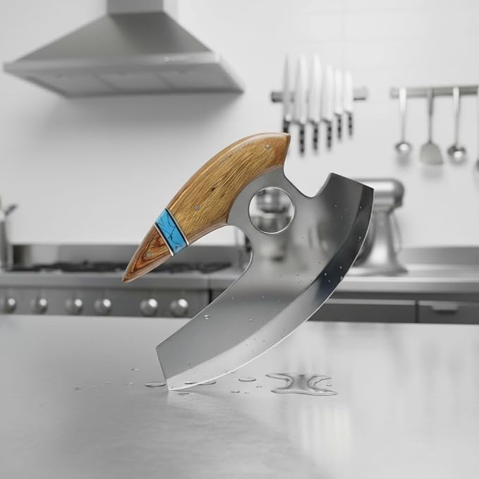 Ulu Knife – Alaskan Mezzaluna Rocker Chopper for Pizza, Meat, Salad, Vegetables – Ergonomic Wooden Handle – Multipurpose Kitchen Cutter Gift