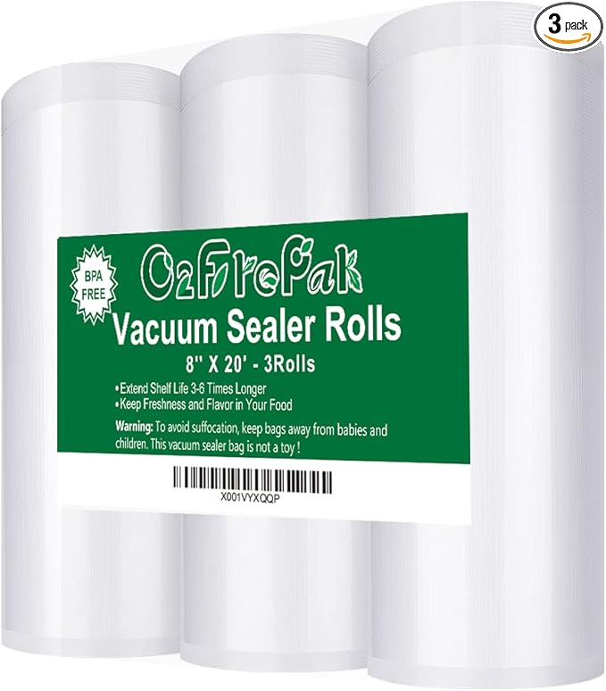 O2frepak 3 Pack 8"x20' Rolls Vacuum Sealer Bags Rolls with BPA Free,Heavy Duty Vacuum Sealer Storage Bags Rolls,Cut to Size Roll,Great for Sous Vide (Total 60 feet)