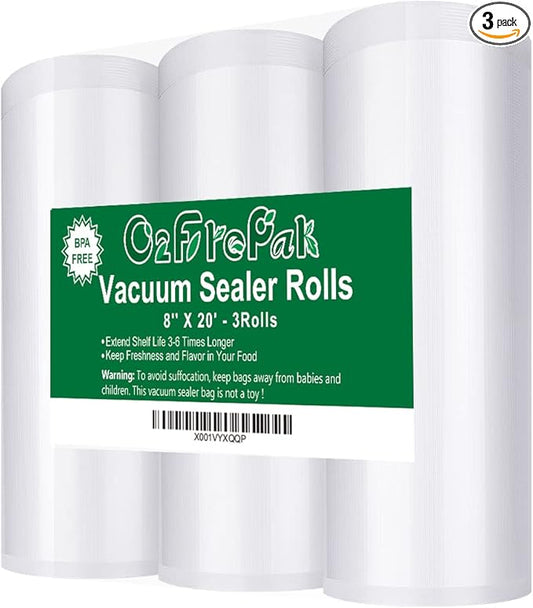O2frepak 3 Pack 8"x20' Rolls Vacuum Sealer Bags Rolls with BPA Free,Heavy Duty Vacuum Sealer Storage Bags Rolls,Cut to Size Roll,Great for Sous Vide (Total 60 feet)