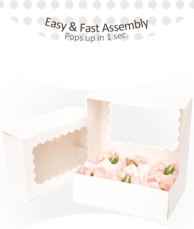 qiqee White 6 Cupcake Boxes with Window Auto-pop up 30 Packs Cupcake Box 9"x6.1"x3.3" Bakery Boxes For Cupcakes Carrier, Cupcake Containers