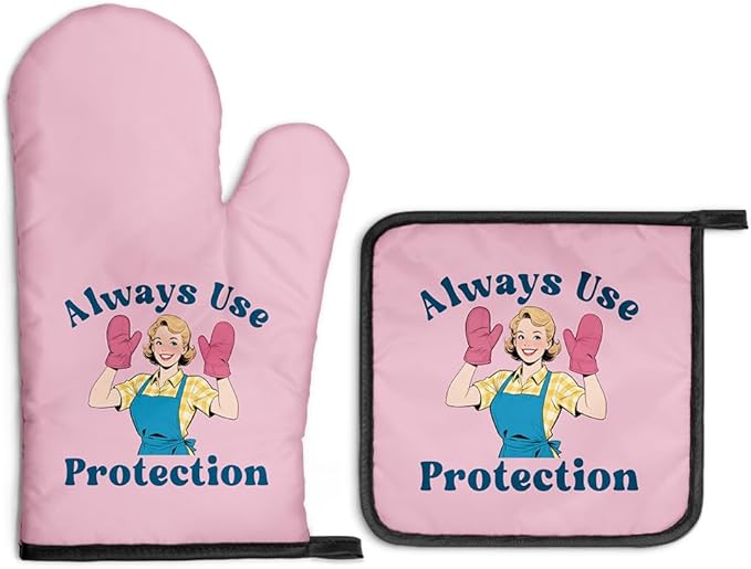 Always Use Protection Oven Mitts and Pot Holders Sets, Funny Retro Kitchen Oven Mitts for Baker, Housewarming Gifts for Foodies Housewives Baker Lover, Hostess Gifts for Mom, Baking Present
