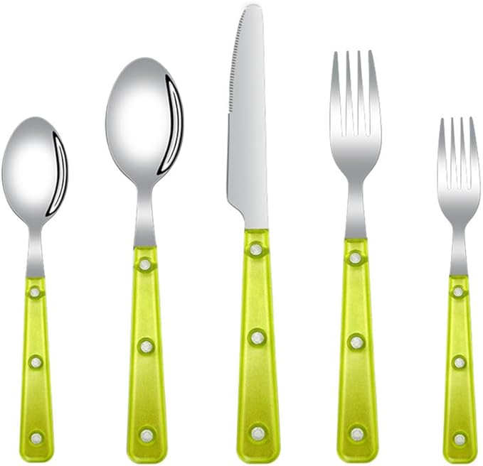 Silverware Set, 20 Piece Stainless Steel Cutlery set,Set for 4 People,Includes Knife, Fork, Spoon, Dessert Spoon and Dessert Fork, with Elegant Frosted Transparent Handles (Fluorescent green (20 PC))