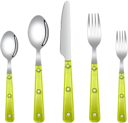 Silverware Set, 40 Piece Stainless Steel Cutlery set,Set for 8 People,Includes Knife, Fork, Spoon, Dessert Spoon and Dessert Fork, with Elegant Frosted Transparent Handles (Fluorescent green (40 PC))