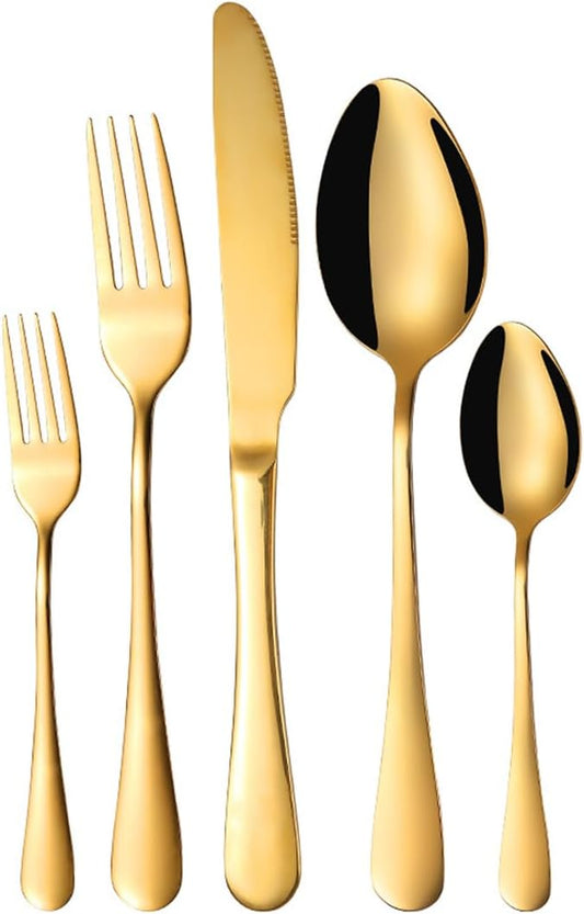 60 Piece Gold Silverware Set with 12 Dinner Knives and Forks, Top-Grade Stainless Steel Cutlery Set for Home, Restaurant and Hotel Dining,Mirror Finish, Dishwasher Safe (Yellow Gold)