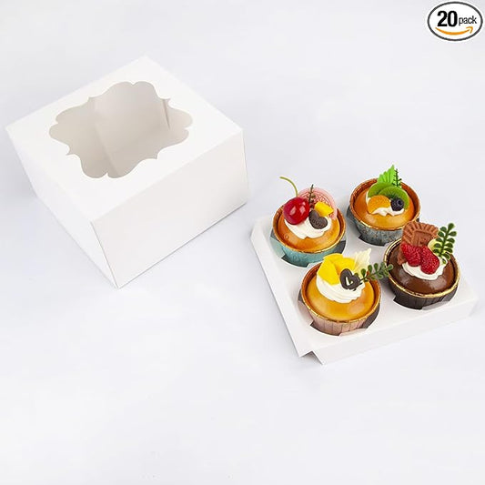 20 PCS 6.5 x 6.5 x 4 inch Paper, Cupcake Boxes with Inserts and Window Hold 4 Cupcakes, Bakery Boxes For Cupcakes Carrier, Cupcake Containers (White-4 Holes)