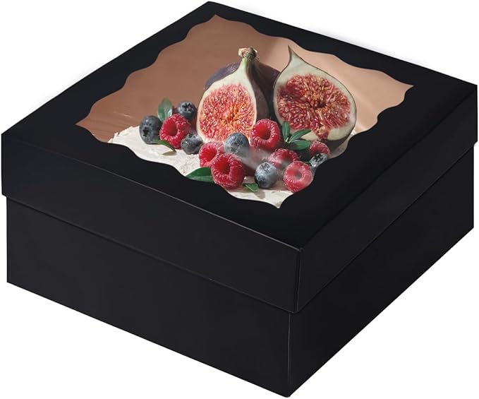 qiqee Black 12x12x8 Cake Box, 4 Sets Black Cake Box with Window ＆ 4 Sets 12" Black Cake Round Boards, 12inch Cake Containers