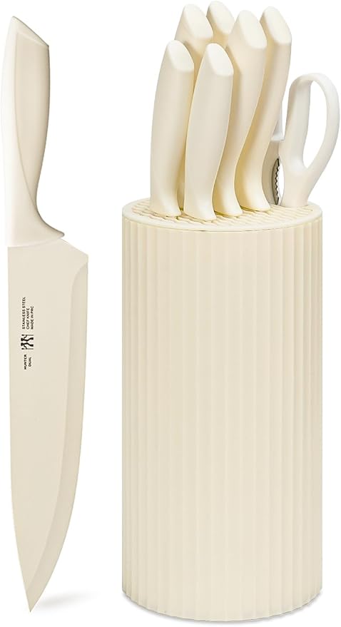 Knife Set, 8-Piece Kitchen Knife Set for Chef, Sharp Knife Set with Universal Knife Block, Anti-Rust Kitchen Knife Block Set, Ergonomical Design (White)