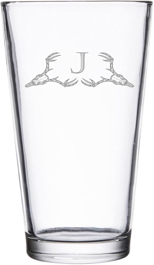 Hat Shark Deer Skull Letter Monogram Pint Beer Glass, 16 oz, Clear, A-Z Initials (1, Letter J)