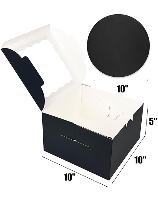 qiqee 10x10x5 Cake Box, 18 Sets Black Cake Box with Window ＆ 18 Sets 10" Black Cake Round Boards, 10inch Cake Containers