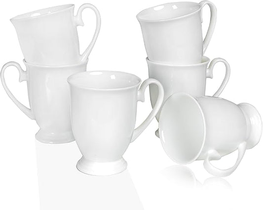 Luxury Fine Bone China White Coffee Mugs Set of 6 (8 oz), Ceramic Euro Style Tea Cups, Elegant Durable Coffee Cups Set for Gifts, Women, Men, Mom, Dad, Wedding