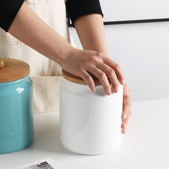 Sweejar Ceramic Kitchen Canisters, 58 FLOZ Porcelain Food Storage Jar with Airtight Seal Wooden Lid, Home Container Serving for Coffee Beans, Tea-leave, Sugar, Salt and More, Tool Bucket (White)
