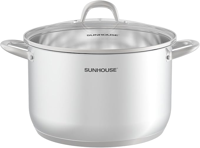 SUNHOUSE 13-Quart Stainless Steel Stockpot w/Tempered Glass Lid - Heavy-Duty, Food-Grade Cookware for Simmering, Boiling, and Induction Cooking - Exceptional Heat Distribution