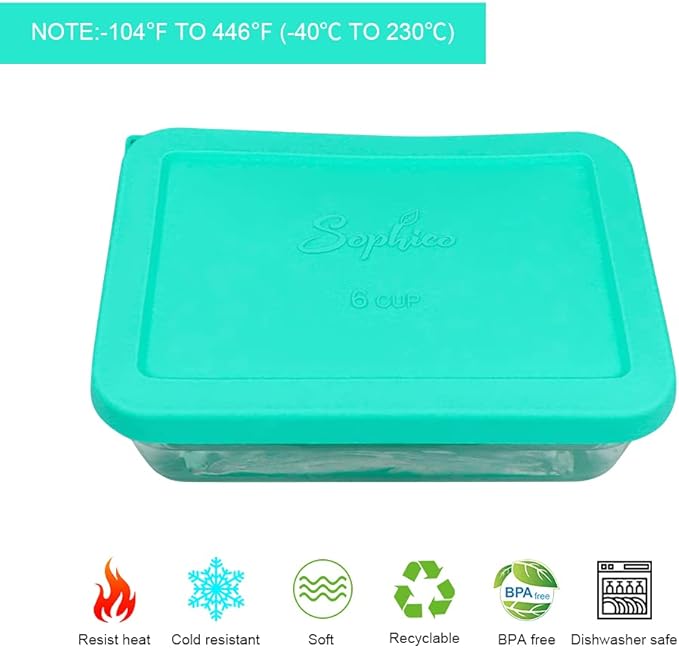 Sophico 6 Cup Rectangle Silicone Storage Cover Lids Replacement for Pyrex 7211-PC Glass Bowls, Container not Included (Navy Blue-Mint)
