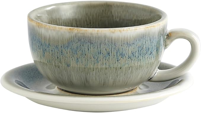 Vintage Design 12 oz Ceramic Latte Art Cappuccino Barista Cup with Saucer (Space Grey)