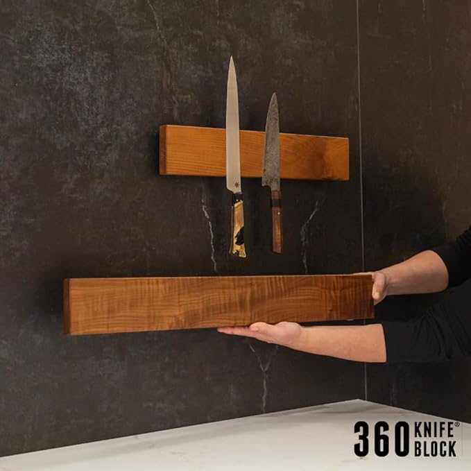 360KnifeBlock magnetic knife BAR XL 26" - 2 Rows of Magnets, 'magic floating backer' w/level system, 2"screws, 3 sizes from 5" to 26" - handmade in Washington (WOOD, 26" Wide)
