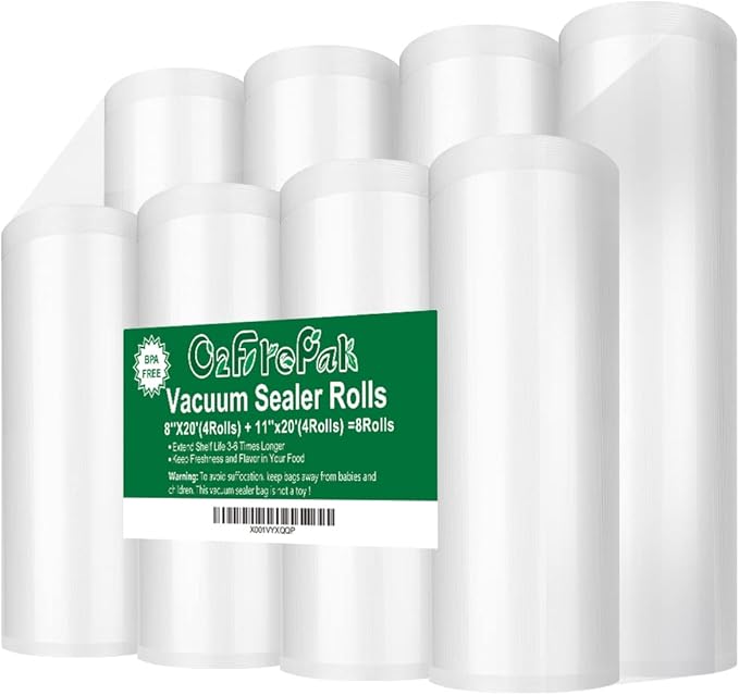 O2frepak 8 Pack 8"x20'(4Rolls) and 11"x20' (4Rolls) Rolls Vacuum Sealer Bags Rolls with BPA Free,Heavy Duty Vacuum Sealer Storage Bags Rolls,Cut to Size Roll,Great for Sous Vide Cooking