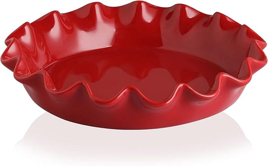 Sweejar Ceramic 11.5 Inches Pie Pan for Baking, Deep and Fluted Porcelain Round Pie Dish, Non-Stick Pie Plate for Pumpkin Pie, Apple Pie, Pie Pots with Morden Farmhouse Design(Red)
